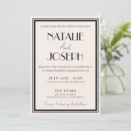 Classy Black Ivory Old Money Retro QR Code Wedding 招待状 (スタンド正面)