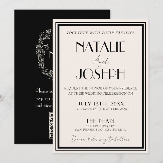 Classy Black Ivory Old Money Retro QR Code Wedding 招待状 (正面/裏面)