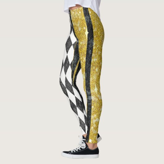 Classy Black White Gold Harlequin Diamond Argyle レギンス (左)