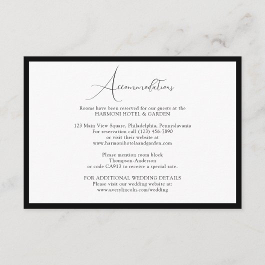 Classy Black & White Script Wedding Accommodations エンクロージャーカード (正面)