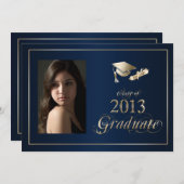 Classy Blueと金ゴールド2013大学院写真招待状 招待状 (正面/裏面)