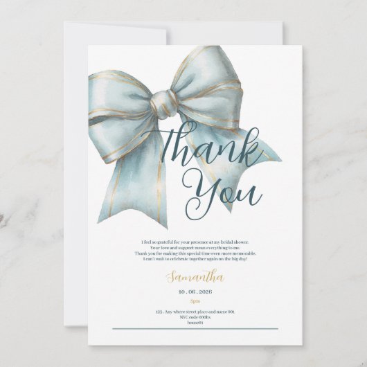classy blue bow bridal shower thank you card 招待状 (正面)