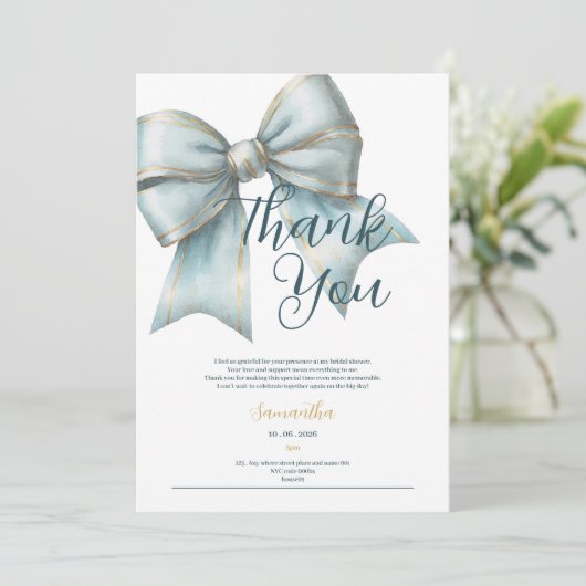 classy blue bow bridal shower thank you card 招待状 (スタンド正面)