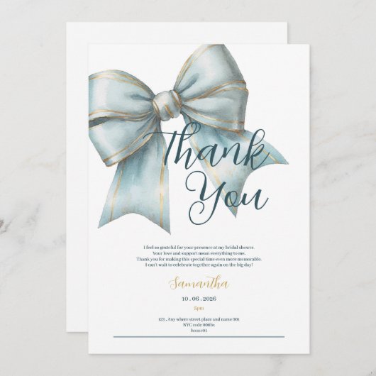 classy blue bow bridal shower thank you card 招待状 (正面/裏面)