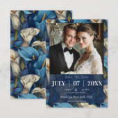 Classy Blue Calla Lilies Charm Rustic Wedding セーブザデート (正面/裏面)