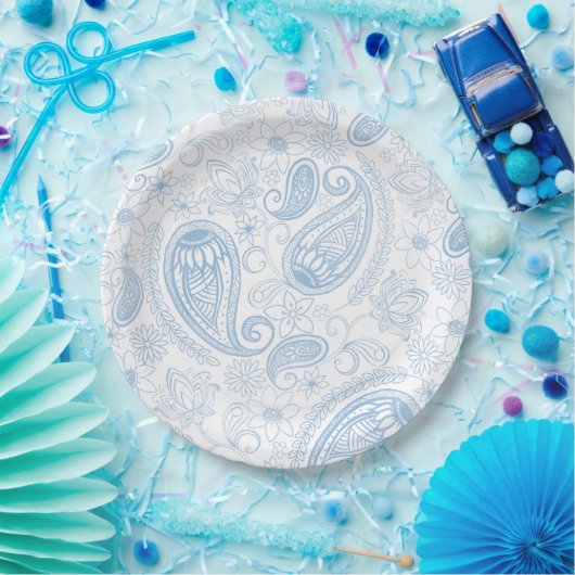 Classy Blue Glitter Paisley Floral White Pattern ペーパープレート (パーティー)