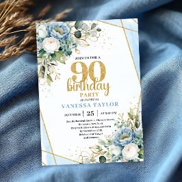 Classy Blue Gold Frame 90th Birthday Party Invite 招待状
