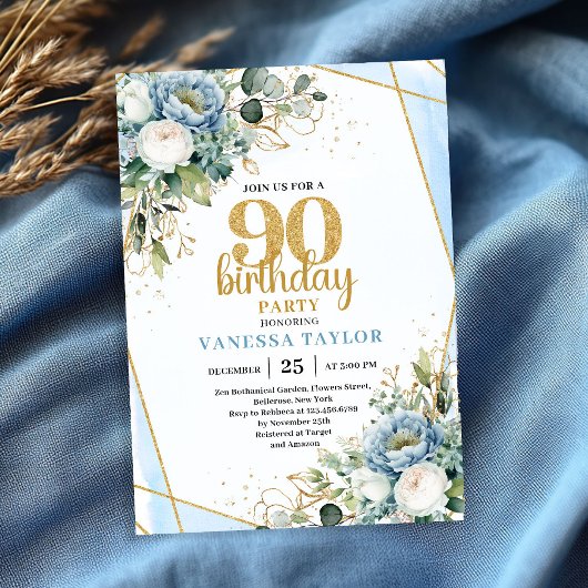 Classy Blue Gold Frame 90th Birthday Party Invite 招待状