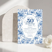 Classy Blue Toile de Jouy Floral 50th Birthday  招待状