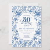 Classy Blue Toile de Jouy Floral 50th Birthday  招待状 (正面)