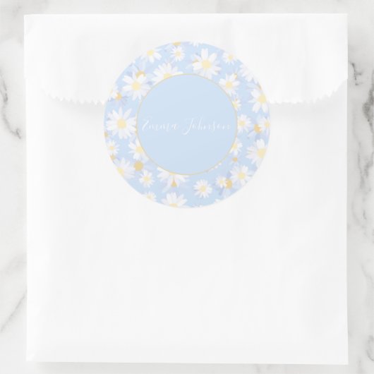 Classy Blue White Daisy Flowers ラウンドシール (バッグ)