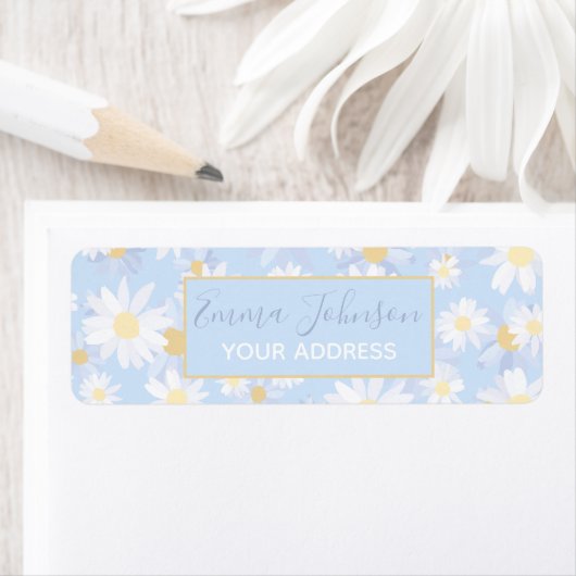 Classy Blue White Daisy Flowers ラベル (インサイチュ)