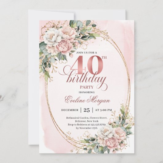 Classy Bohemian Blush Floral 40th Birthday Invites 招待状 (正面)