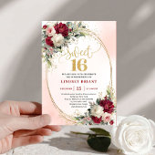 Classy Boho Burgundy Blush Gold Floral Sweet 16th 招待状