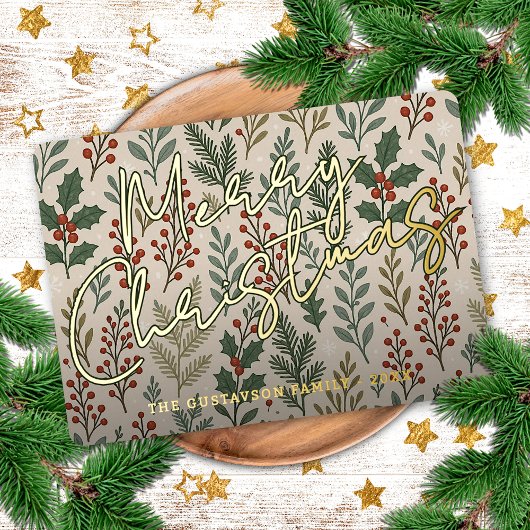Classy Botanical Holly Berry Floral Pattern Gold 箔シーズンカード