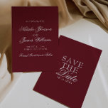 Classy Burgundy White Fancy Old Money Wedding セーブザデート<br><div class="desc">This modern & retro funky minimalist Wedding burgundy and white Save The Date Template is great for you. If you are looking for a pretty, elegant and easy to customize deep red Wedding Save The Date Template .A very elegant simple white script wedding save the date on red background on...</div>