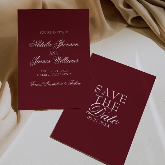 Classy Burgundy White Fancy Old Money Wedding セーブザデート