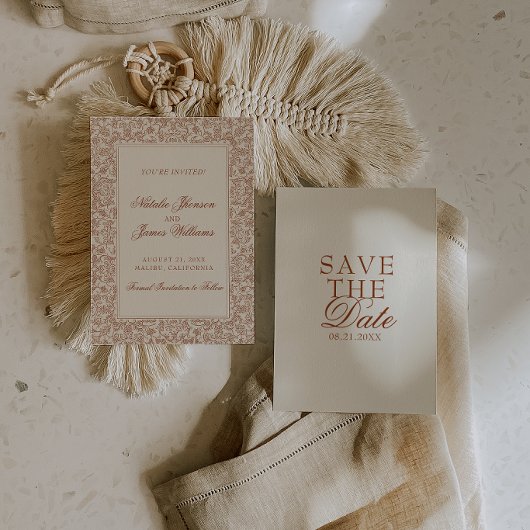 Classy Burnt Orange Boho Floral Terracotta Wedding セーブザデート
