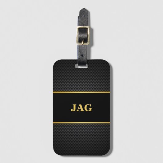 Classy Carbon Black & Gold Monogrammed ラゲッジタグ (正面縦)