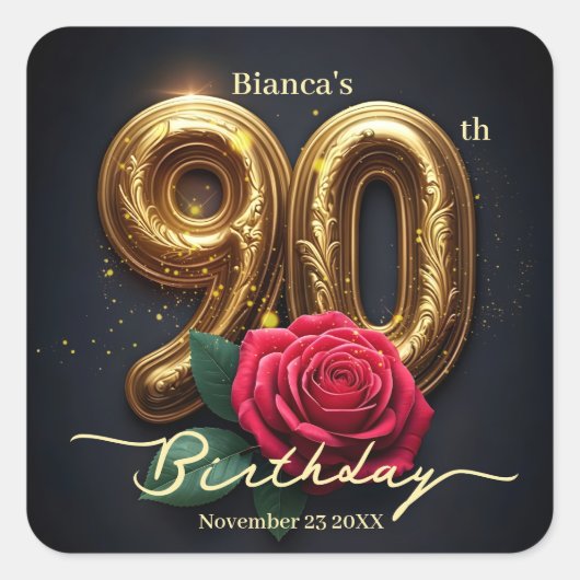 Classy Chic Red Rose Ornate Golden 90th Birthday スクエアシール (正面)