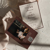 Classy Chocolate Brown Fancy Photo QR Code Wedding 招待状