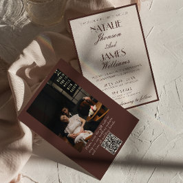 Classy Chocolate Brown Fancy Photo QR Code Wedding 招待状