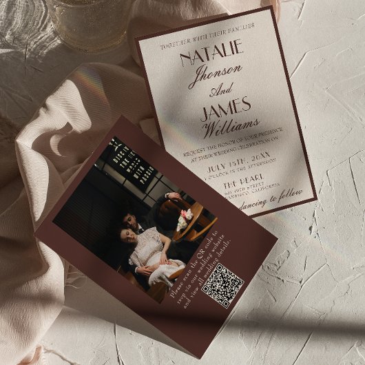Classy Chocolate Brown Fancy Photo QR Code Wedding 招待状
