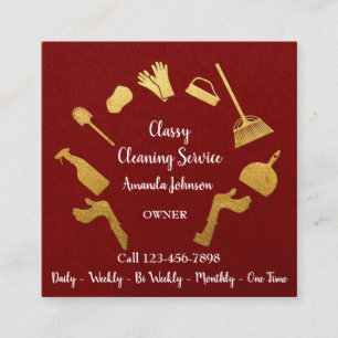 Classy Cleaning Services金ゴールドロゴMaid Kraft Red スクエア名刺