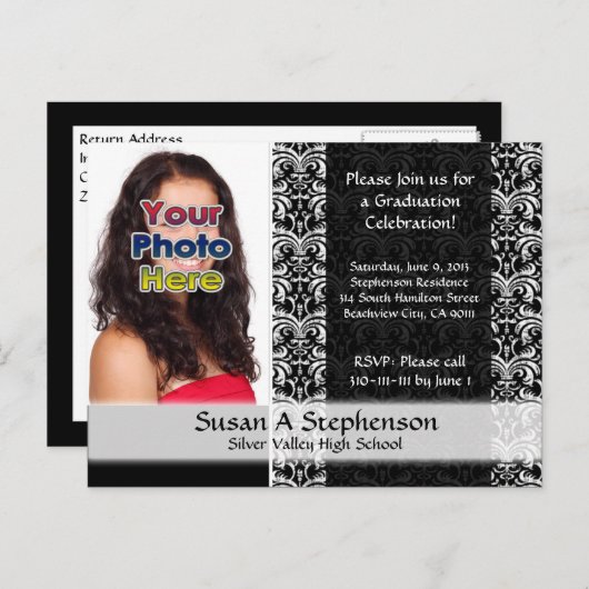 Classy Damask卒業パーティー招待状写真 インビテーションポストカード (正面/裏面)