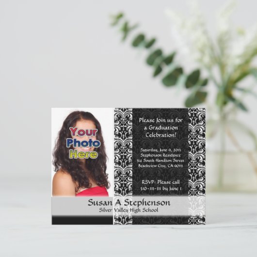 Classy Damask卒業パーティー招待状写真 インビテーションポストカード (スタンド正面)