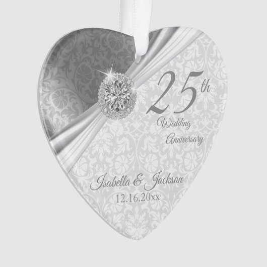 Classy Damask - 25th Silver 結婚's Anniversary オーナメント (正面)
