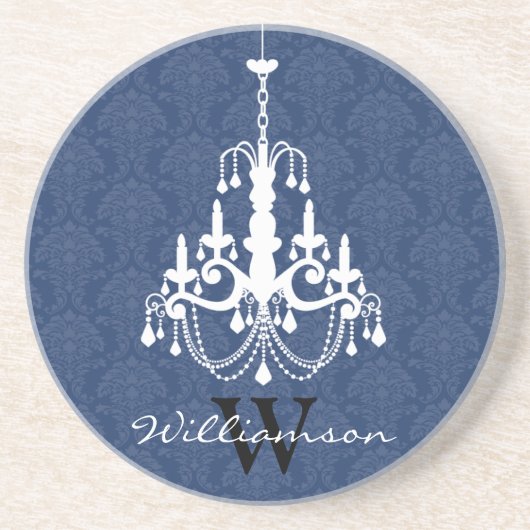 Classy Damask Chandelier Monogram Coaster （青） コースター (正面)