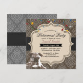 Classy Damask Pug & Wine Retiermentパーティー 招待状 (正面/裏面)