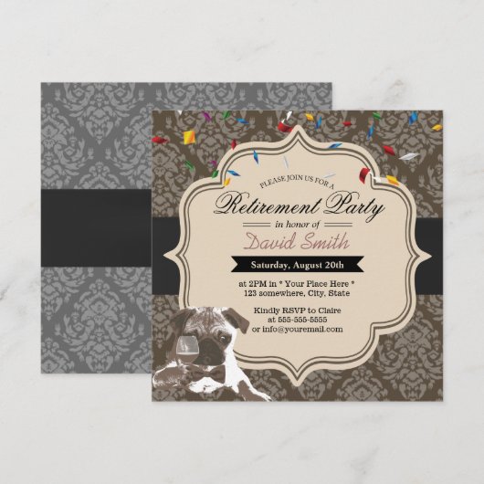 Classy Damask Pug & Wine Retiermentパーティー 招待状 (正面/裏面)