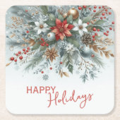 Classy Dark Red Teal Blue Green Floral Wreath スクエアペーパーコースター (正面)