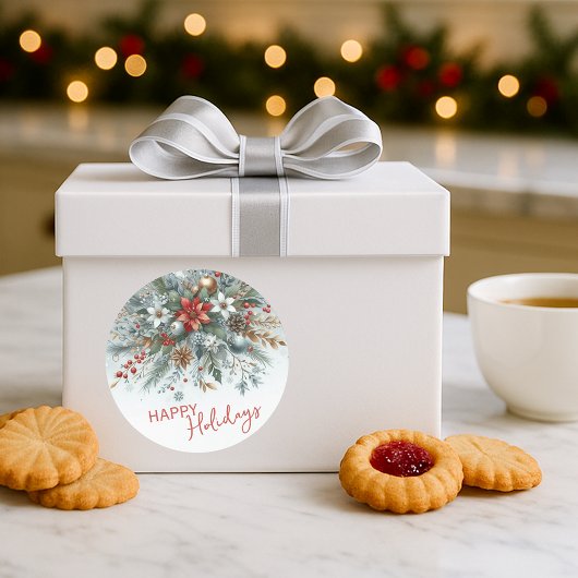 Classy Dark Red Teal Blue Green Floral Wreath ラウンドシール