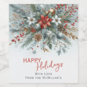 Classy Dark Red Teal Blue Green Floral Wreath ワインラベル (シングルラベル)