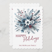 Classy Dark Teal Blue Red Floral Holiday Wreath シーズンカード (正面/裏面)