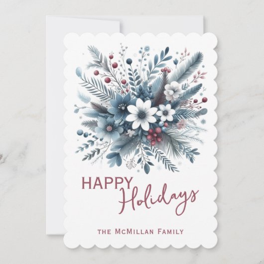 Classy Dark Teal Blue Red Floral Holiday Wreath シーズンカード (正面)