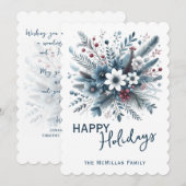 Classy Dark Teal Blue Red Floral Holiday Wreath シーズンカード (正面/裏面)