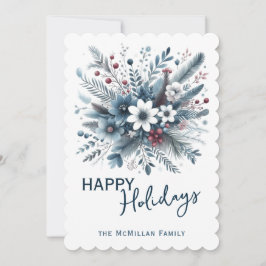 Classy Dark Teal Blue Red Floral Holiday Wreath シーズンカード