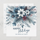 Classy Dark Teal Blue Red Floral Holiday Wreath シーズンカード (正面/裏面)