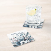 Classy Dark Teal Blue Red Floral Holiday Wreath スクエアペーパーコースター (インサイチュ)