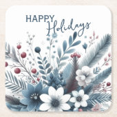 Classy Dark Teal Blue Red Floral Holiday Wreath スクエアペーパーコースター (正面)