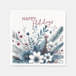 Classy Dark Teal Blue Red Floral Holiday Wreath スタンダードカクテルナプキン