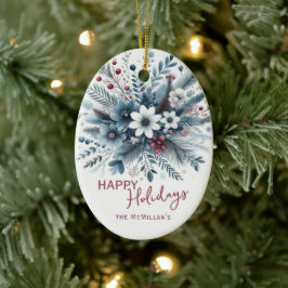 Classy Dark Teal Blue Red Floral Holiday Wreath セラミックオーナメント