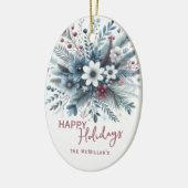 Classy Dark Teal Blue Red Floral Holiday Wreath セラミックオーナメント (左)