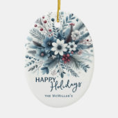 Classy Dark Teal Blue Red Floral Holiday Wreath セラミックオーナメント (正面)