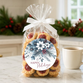 Classy Dark Teal Blue Red Floral Holiday Wreath ラウンドシール