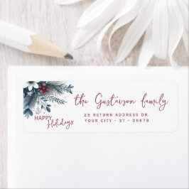 Classy Dark Teal Blue Red Floral Holiday Wreath ラベル